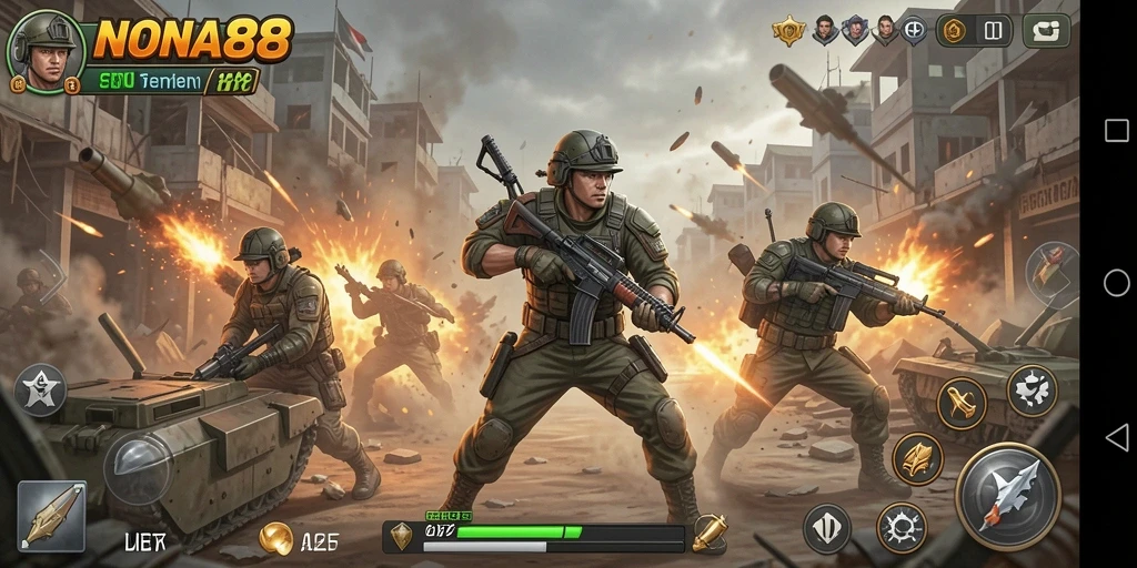 Tampilan gameplay NONA88 dengan aksi seru dalam pertarungan TPS.