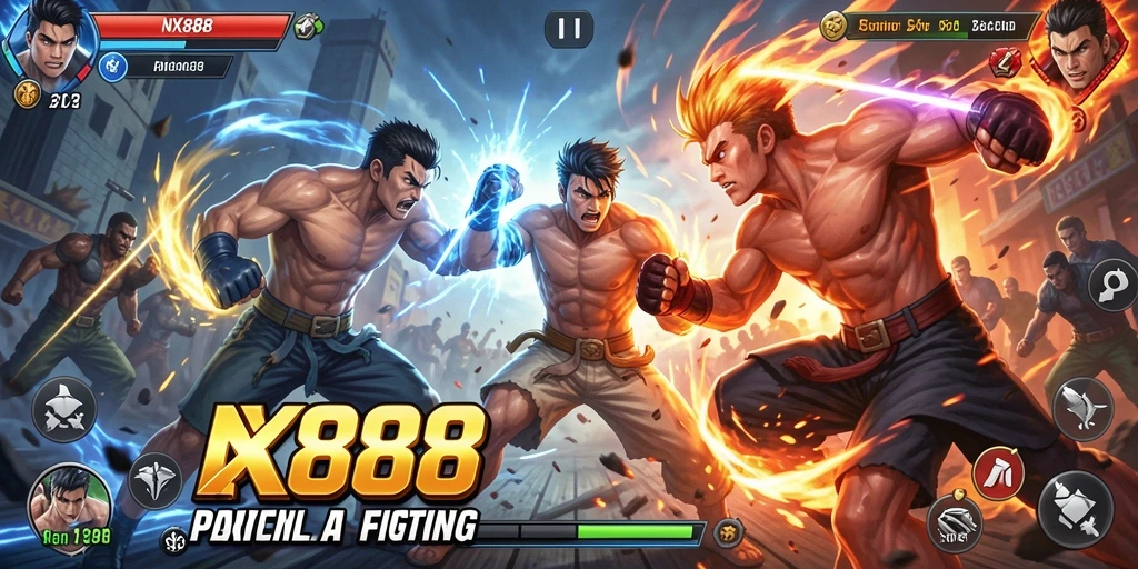 Screenshot gameplay NX888 menampilkan pertarungan yang intens dan karakter keren.