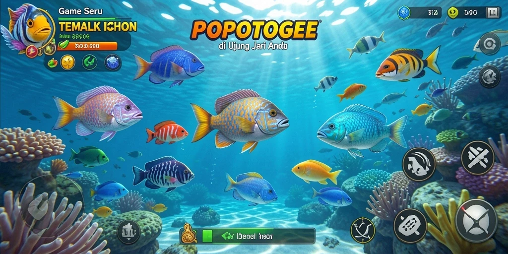 Menampilkan momen seru saat menangkap ikan dalam gameplay Tembak Ikan.