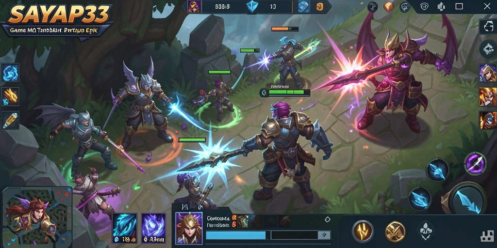 Tangkapan layar gameplay menunjukkan pertarungan MOBA yang seru dan intens.