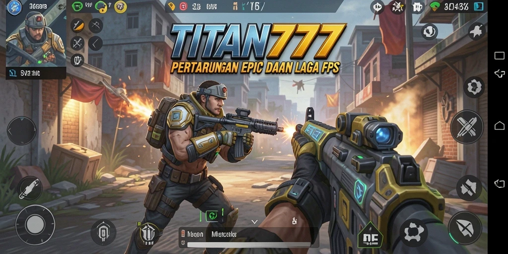 Screenshot gameplay TITAN777 dengan aksi tembak-menembak yang intens.