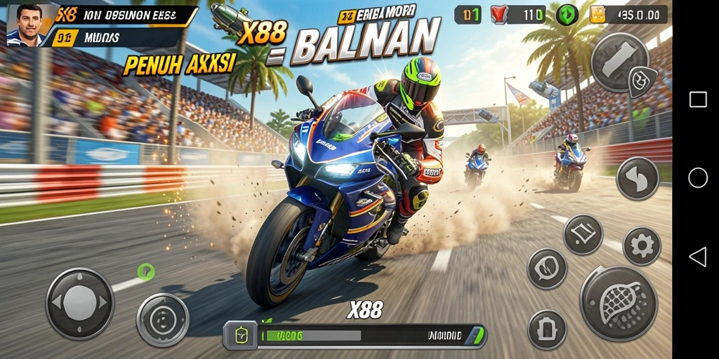 Tampilan gameplay menarik di X88 dengan balapan motor yang seru.